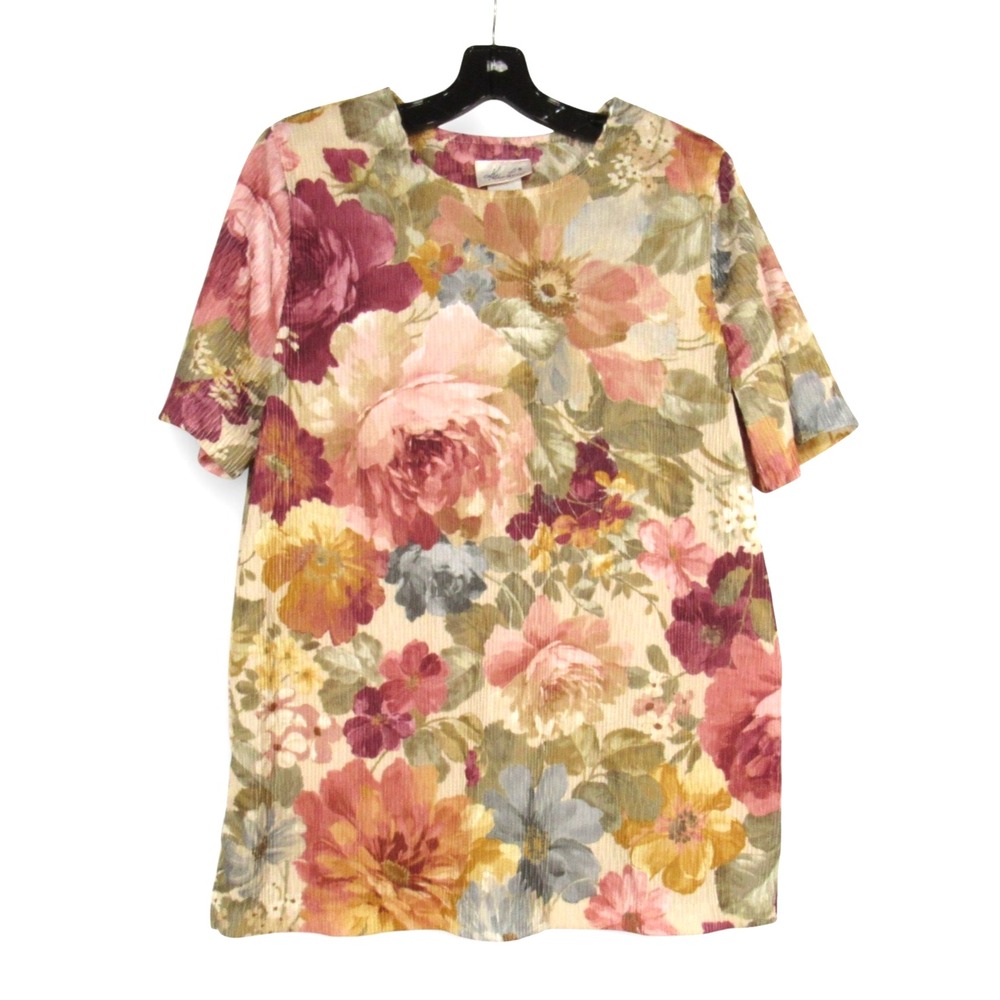 VTG KATHIE LEE Multicolor Cabbage Roses Floral CRINKLE KNIT Old Fashion Look M